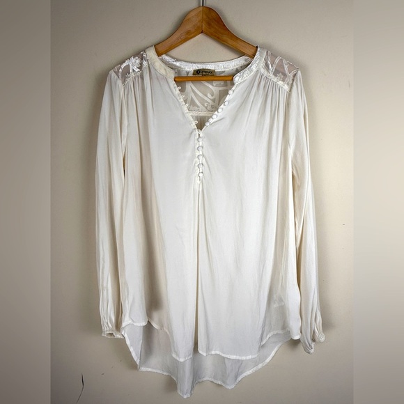 Democracy Women's Silky Ivory Long Sleeve Shirt Velvet Burnout Lace Size Medium - Picture 1 of 11